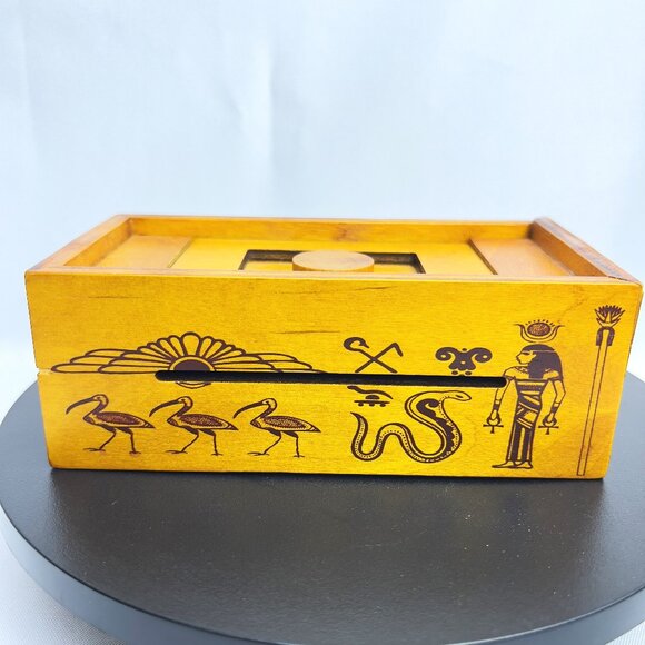 Egyptian Wooden Puzzle Box Scarab Ankh Symbols Secret Sliding Compartment 6"L - Picture 3 of 12